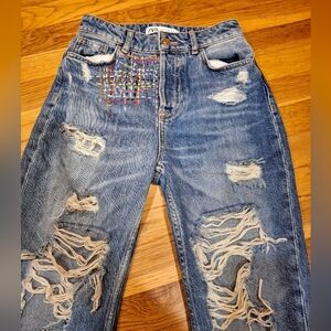 ZARA Happy Jeans Embroidered Distressed Boho Style Size 00  Zara